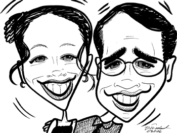 Katie and I in caricature form